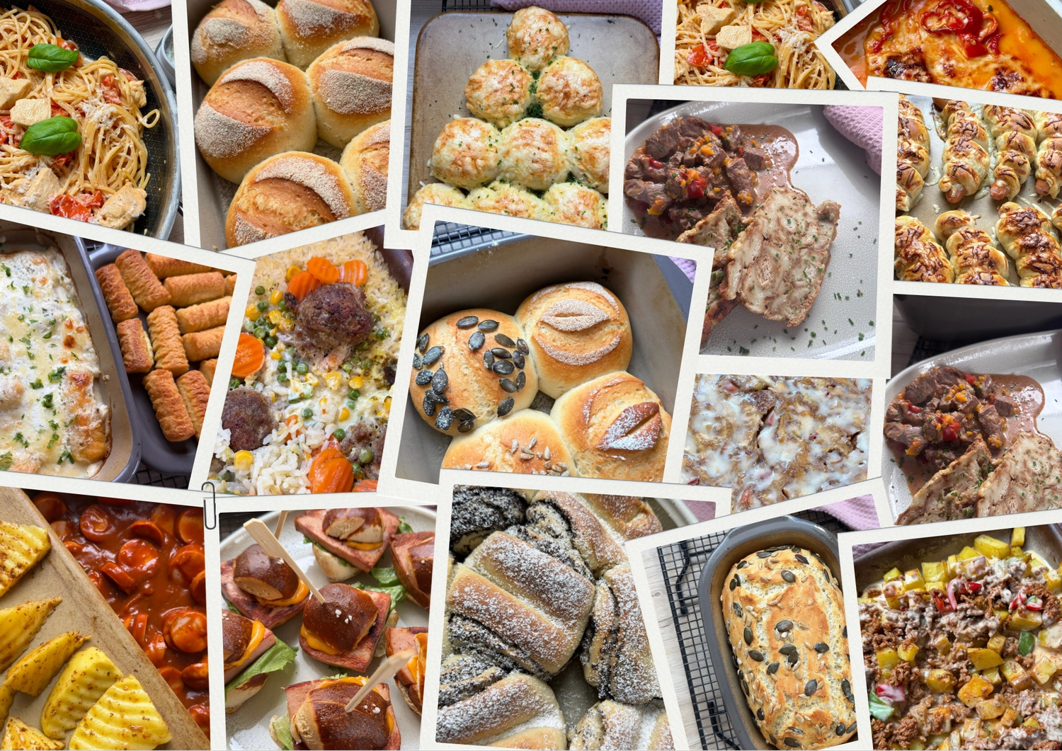 julias.food.life – Kochutensilien – Eine Collage mit verschiedenen Backwaren und Fertiggerichten